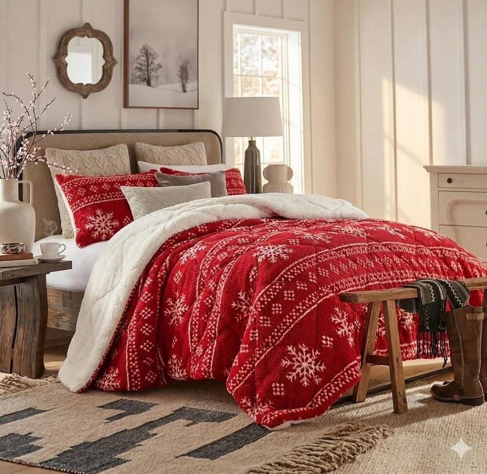 North Pole Trading Co. Reversible Printed Sherpa & Faux Mink Comforter KING Red